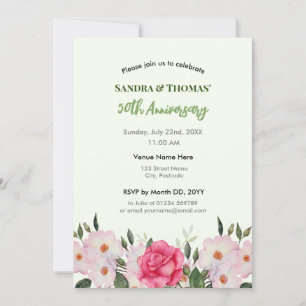 Convite Aniversário de 50 anos Aquarela Rosas Rosa