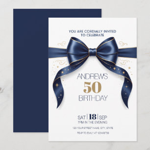 Convite Aniversário de 50 anos Azul Dourado Laço Elegante 