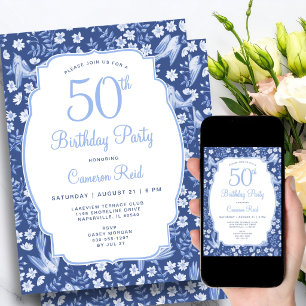 Convite Aniversário de 50 anos Azul Floral Feminino Elegan