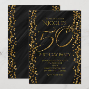 Convite Aniversário de 50 anos Black & Faux Gold Glitter G