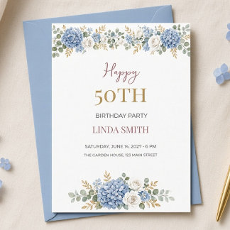 Convite Aniversário de 50 anos Blue Hydrangea Watercolor