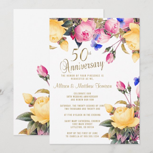 Convite Aniversário de 50 anos, branco e Primavera Floral (Frente/Verso)
