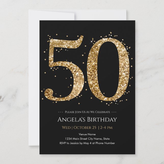 Convite Aniversário de 50 anos com Brilho Dourado (Frente)