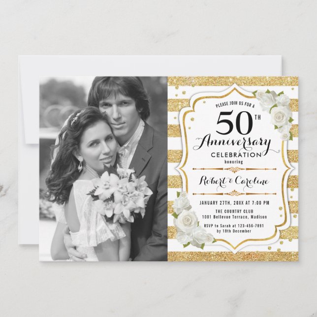 Convite Aniversário de 50 anos com Foto - Dourado Branco (Frente)