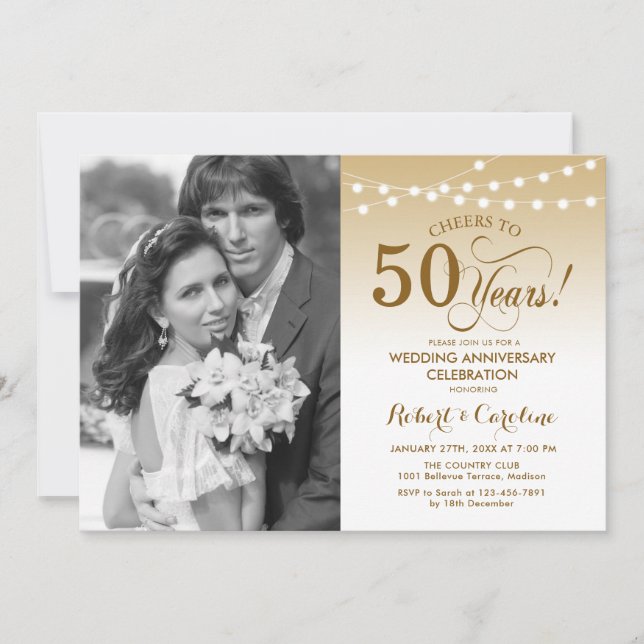 Convite Aniversário de 50 anos com Foto - Dourado Branco (Frente)