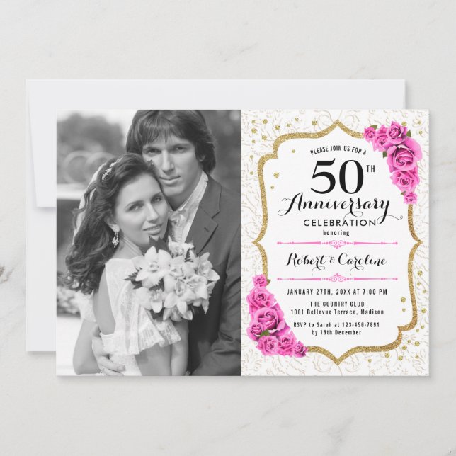 Convite Aniversário de 50 anos com Foto - Ouro Branco Rosa (Frente)