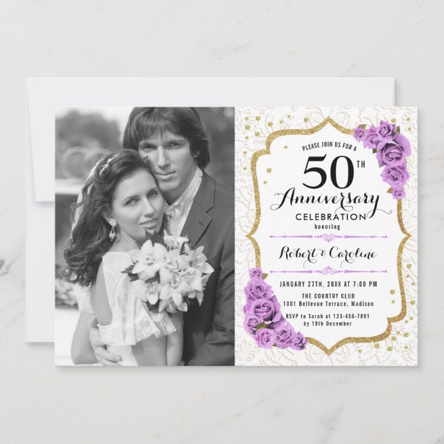 Convite Aniversário de 50 anos com Foto - Ouro Branco Roxo (Frente)