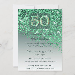 Convite Aniversário de 50 anos com Glitter Verde de Coraçã