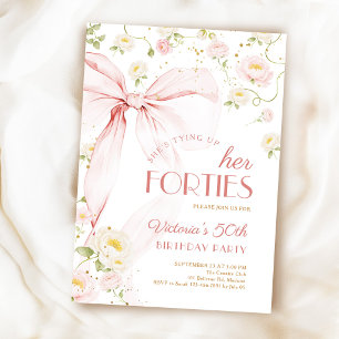 Convite Aniversário de 50 anos com Laço Rosa Floral