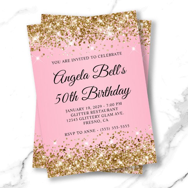 Convite Aniversário de 50 anos com Monograma Chique Rosa B (Gold Glitter Pink Fancy Monogram 50th Birthday Invitation)