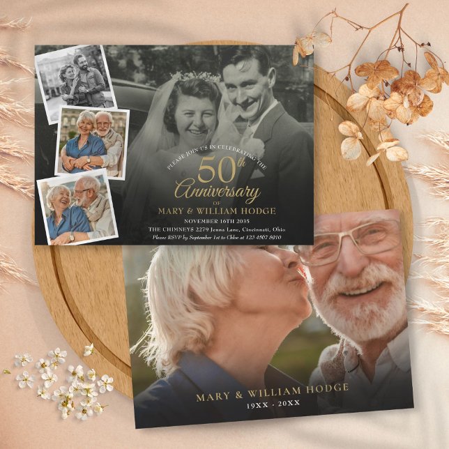 Convite Aniversário de 50 anos de Casamento 5 Colagem de F (50th Wedding Anniversary 5 Photo Collage Invitation)