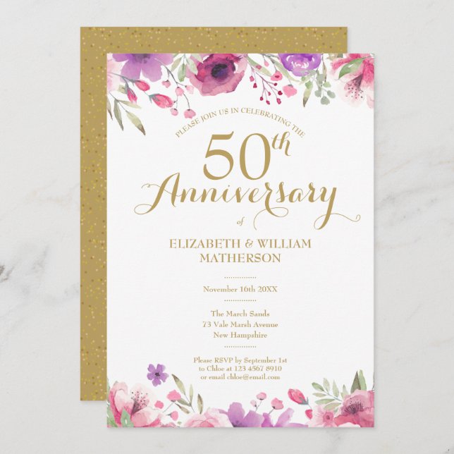 Convite Aniversário de 50 anos de Casamento Aquarela Flora (Frente/Verso)