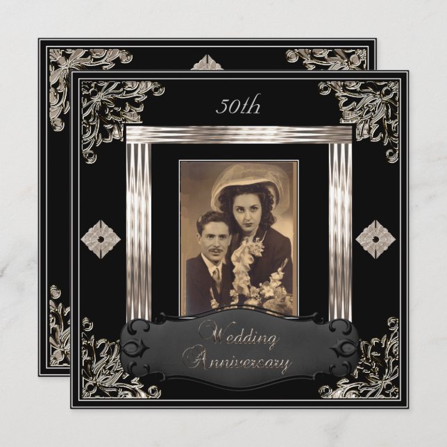 Convite Aniversário de 50 anos de Casamento Art Déco Preto (Frente/Verso)