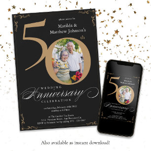 Convite Aniversário de 50 anos de Casamento Black Gold Cal