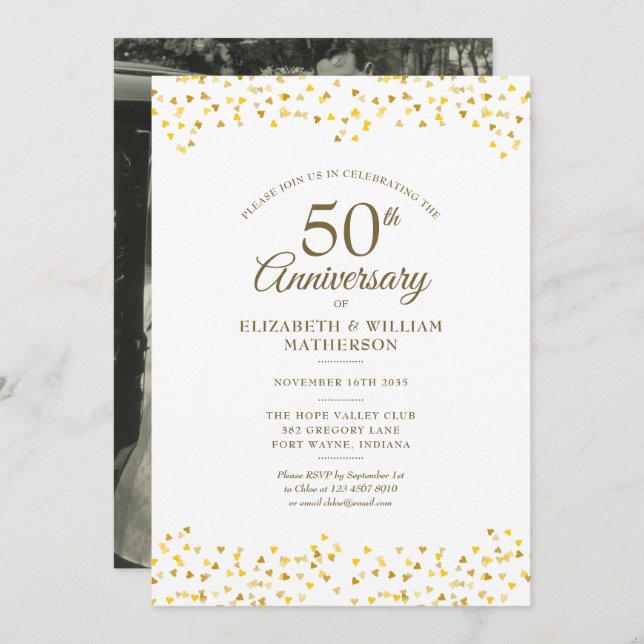 Convite Aniversário de 50 anos de Casamento Chic Corações  (Frente/Verso)