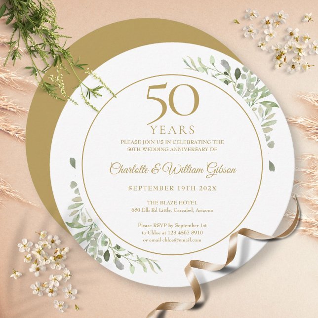 Convite Aniversário de 50 anos de Casamento Circular com F (50th Wedding Anniversary Greenery Circular Invitation)