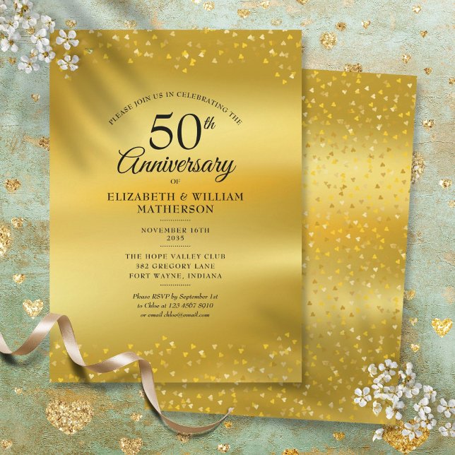 Convite Aniversário de 50 anos de casamento com corações d (50th Wedding Anniversary Gold Hearts Foil Invitation)