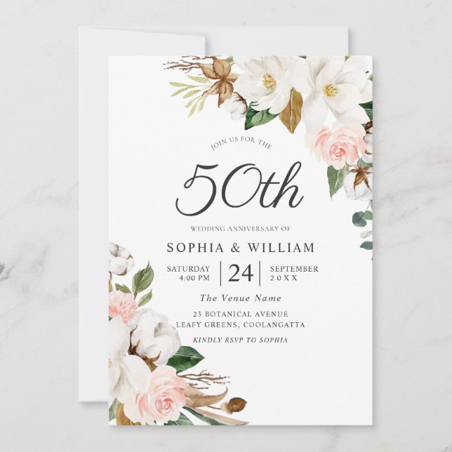 Convite Aniversário de 50 anos de casamento com Flores Ros (Frente)