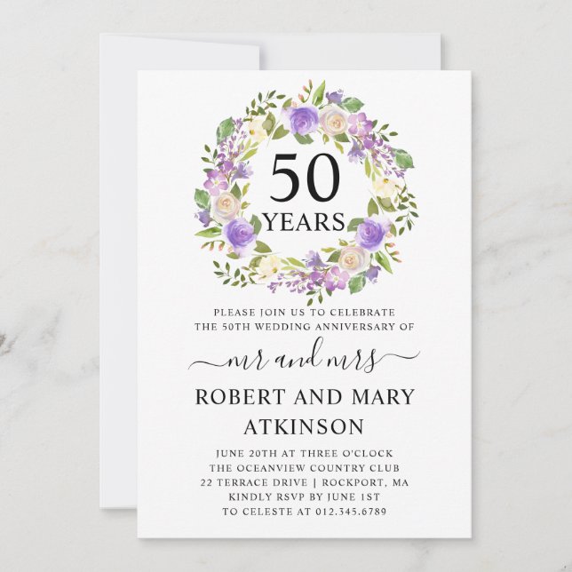 Convite Aniversário de 50 anos de casamento com flores rox (Frente)