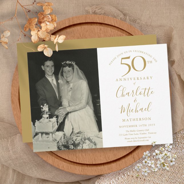 Convite Aniversário de 50 anos de casamento com foto da as (Golden Signature 50th Wedding Anniversary Photo Invitation)
