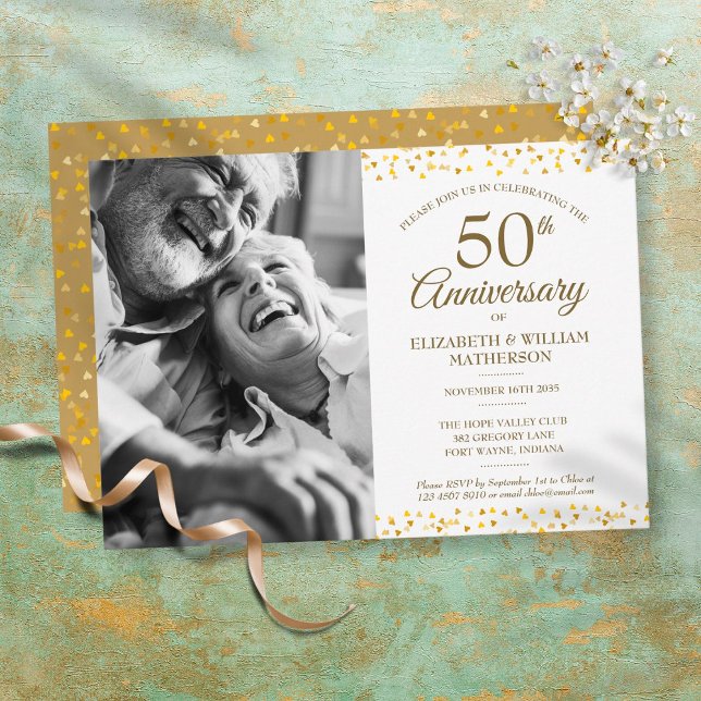 Convite Aniversário de 50 anos de Casamento Corações Doura (Criador carregado)