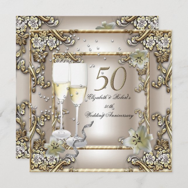 Convite Aniversário de 50 anos de Casamento Creme Lírio Do (Frente/Verso)