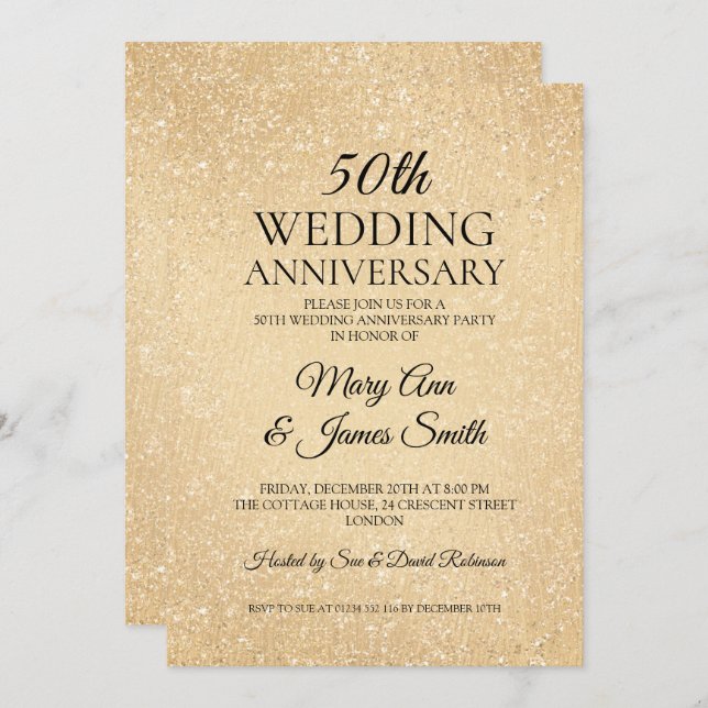 Convite Aniversário de 50 anos de Casamento Dourado Brilho (Frente/Verso)