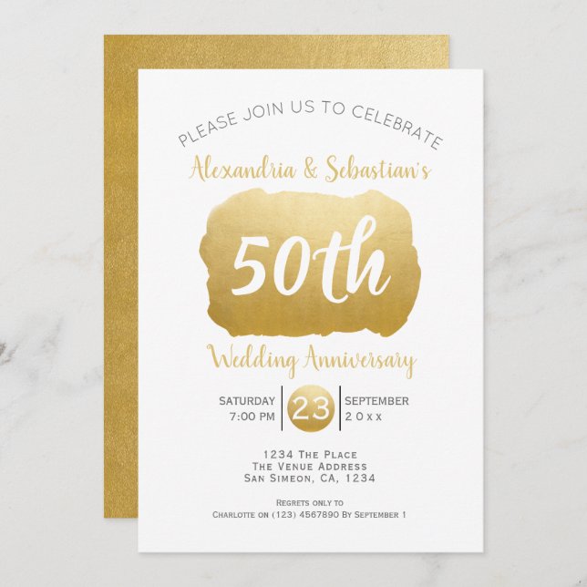 Convite Aniversário de 50 anos de Casamento Dourado Falso  (Frente/Verso)