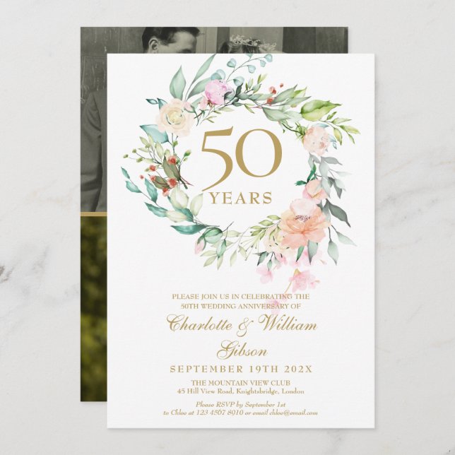 Convite Aniversário de 50 anos de casamento dourado floral (Frente/Verso)