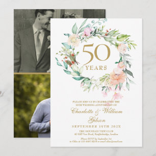 Convite Aniversário de 50 anos de Casamento Dourado Floral