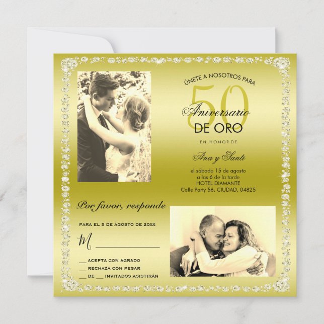 Convite Aniversário de 50 Anos de Casamento Dourado Foto D (Frente)