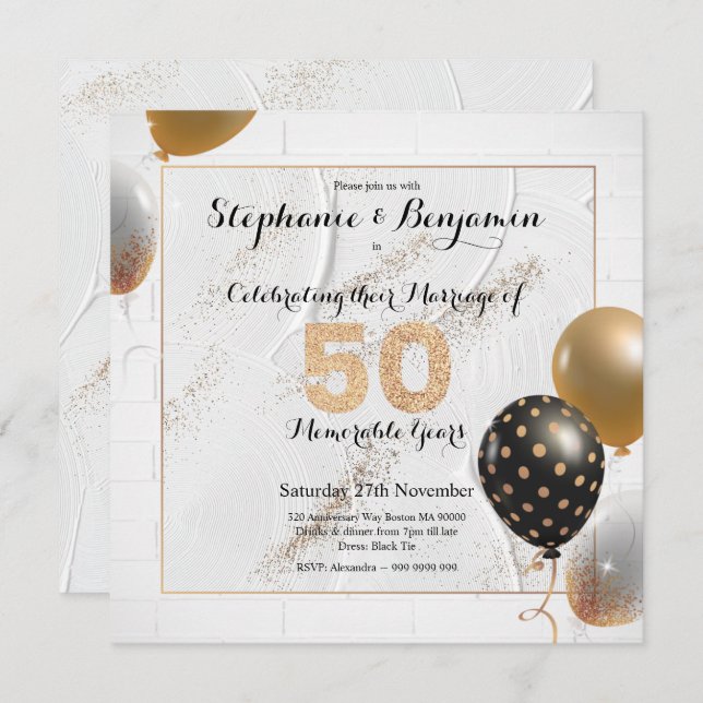 Convite Aniversário de 50 anos de casamento dourado Glitte (Frente/Verso)