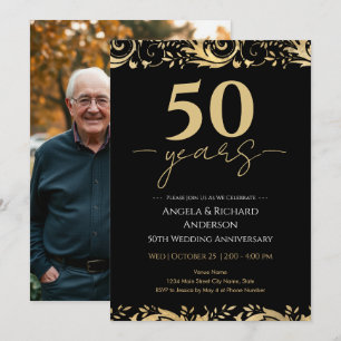Convite Aniversário de 50 anos de Casamento Dourado Preto