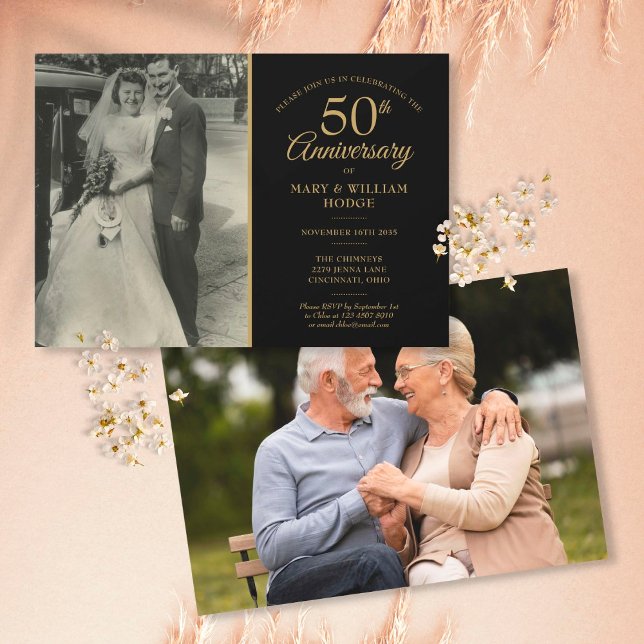 Convite Aniversário de 50 anos de Casamento Dourado Preto  (Criador carregado)