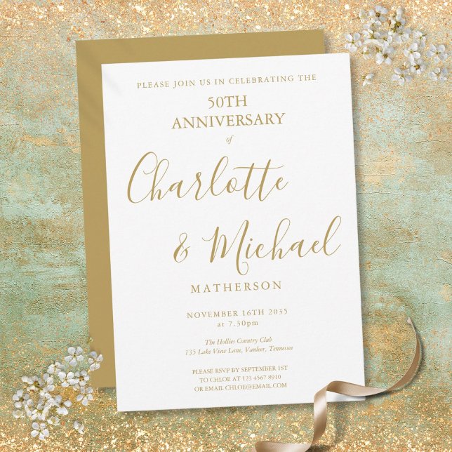Convite Aniversário de 50 anos de Casamento Elegante Assin (50th Wedding Anniversary Elegant Golden Signature Invitation)