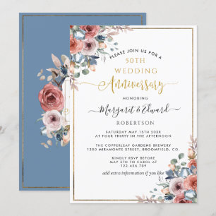 Convite Aniversário de 50 anos de Casamento, Floral Azul D