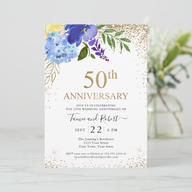 Convite Aniversário de 50 anos de Casamento Floral Azul Ro (Em pé/Frente)