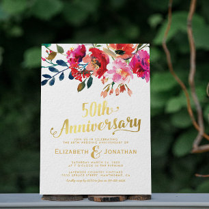 Convite Aniversário de 50 Anos de Casamento Floral Dourado
