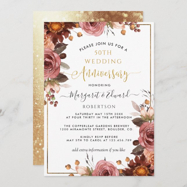 Convite Aniversário de 50 anos de Casamento, Floral Ouro e (Frente/Verso)