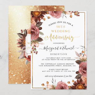 Convite Aniversário de 50 anos de Casamento, Floral Ouro e