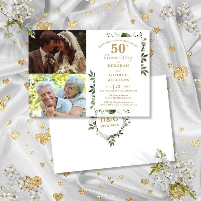 Convite Aniversário de 50 anos de casamento floral Then &  (Floral 50th Wedding Anniversary Then & Now 2 Photo Invitation)