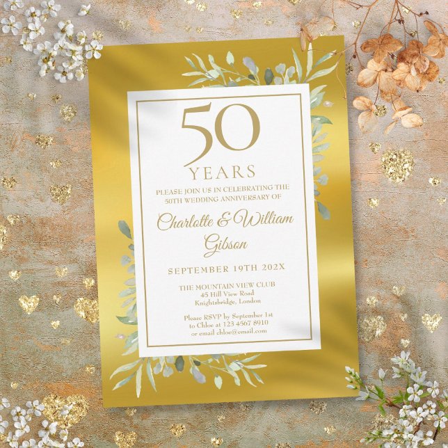 Convite Aniversário de 50 anos de Casamento Folha Dourada (50th Wedding Anniversary Greenery Gold Foil Invitation)