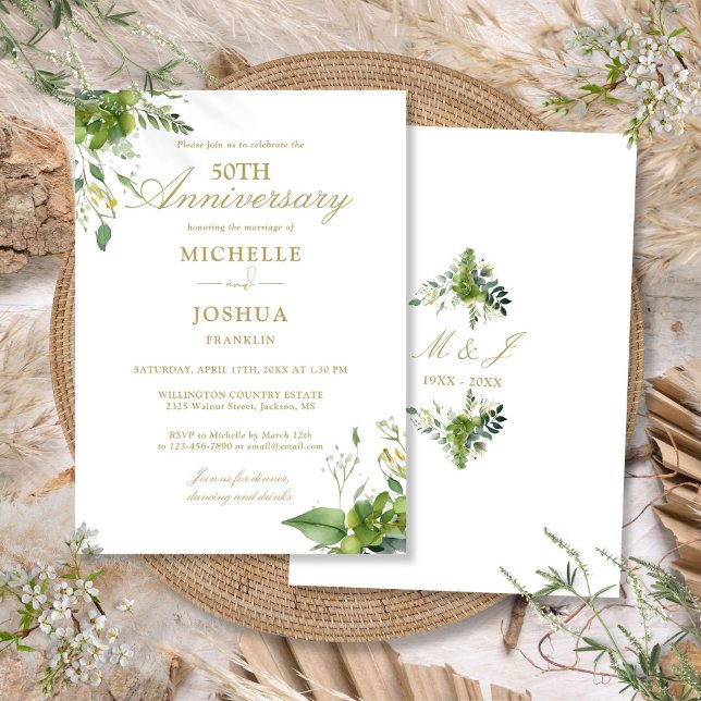 Convite Aniversário de 50 anos de Casamento Folhagem Doura (50th Wedding Anniversary Greenery Gold Monogram Invitation)
