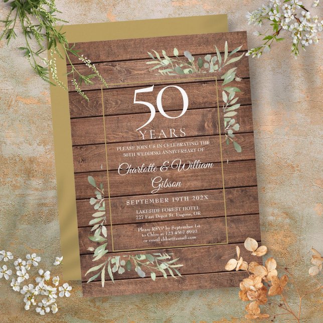Convite Aniversário de 50 anos de casamento folhagem madei (50th Wedding Anniversary Greenery Rustic Wood Invitation)