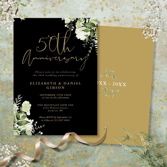 Convite Aniversário de 50 Anos de Casamento Folhagens Pret (50th Wedding Anniversary Greenery Black And Gold Invitation)