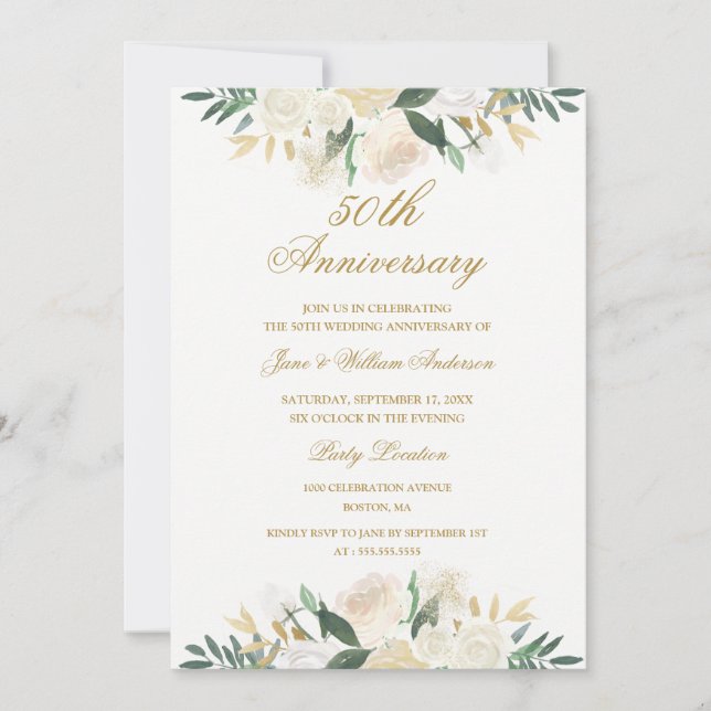 Convite Aniversário de 50 anos de Casamento Gold Floral Bo (Frente)