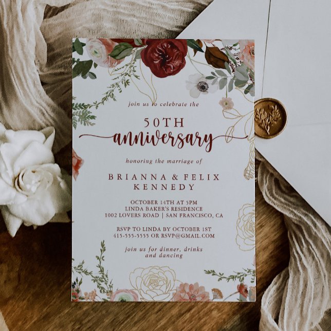 Convite Aniversário de 50 anos de casamento Gold Rustic Fl (Criador carregado)