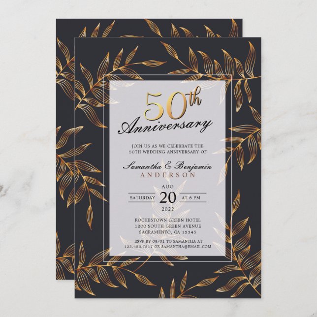 Convite Aniversário de 50 anos de casamento Golden Floral (Frente/Verso)
