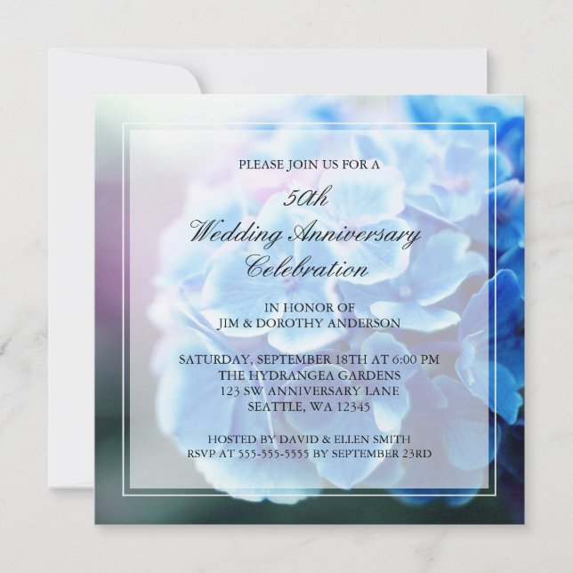 Convite Aniversário de 50 Anos de Casamento Hydrangea Azul (Frente)