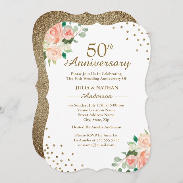 Convite Aniversário de 50 anos de casamento Peach Floral C (Frente/Verso)